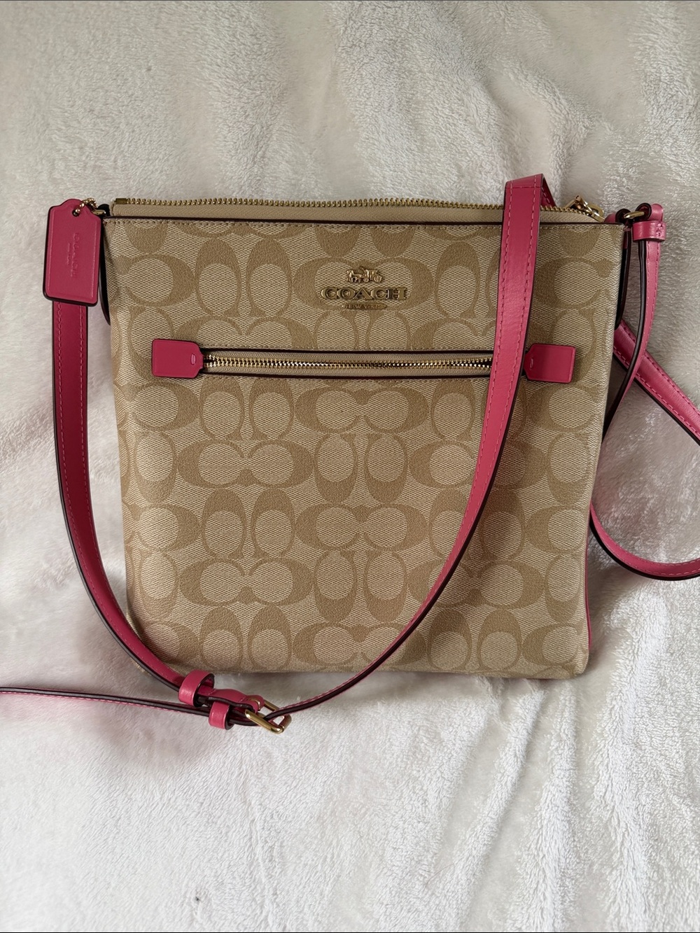 Coach Rowan File Bag In Signature Canvas Light Khaki/pink C1554 Purse